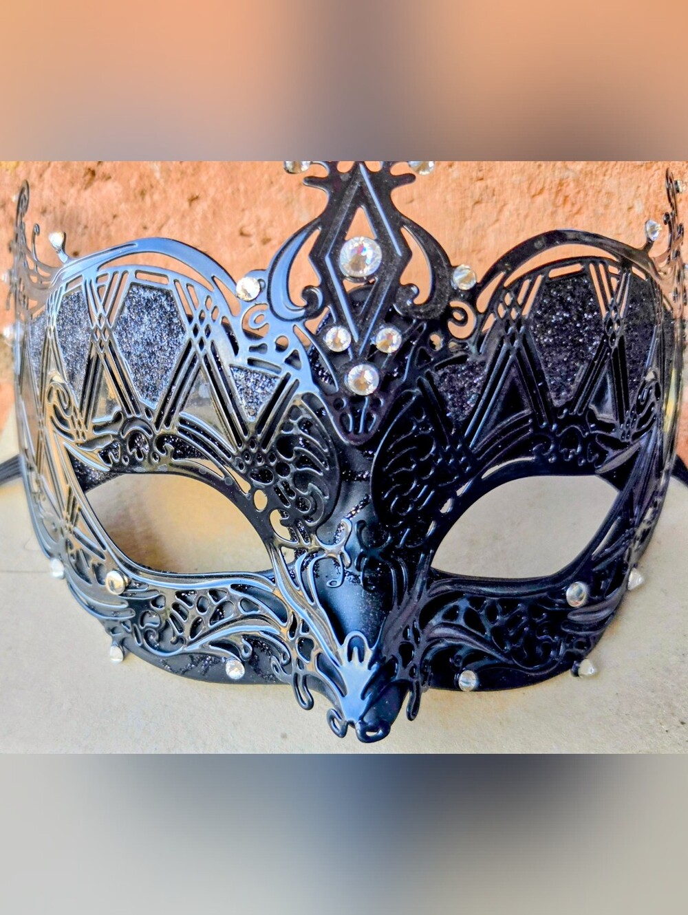 SOLID Black Decorative Masquerade Mask with Rhinestones - Metal. NEW.